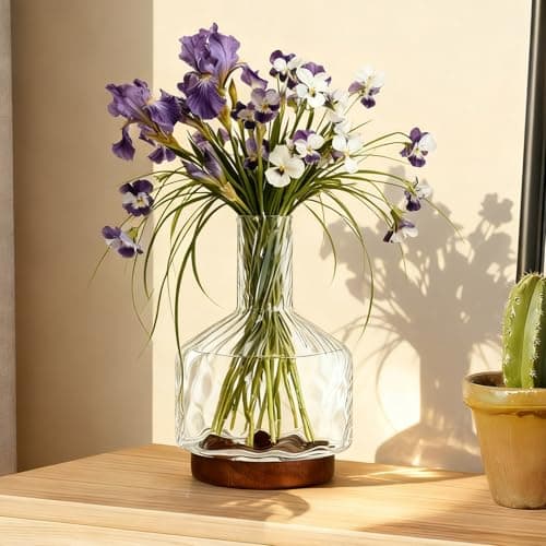 Image of Glass Vase, 10inch Tall Clear Glass Jug Vase with Wooden Base, Decorative Bottle Vase for Dining Room, Bedroom, Bathroom, Mantel,Party Wedding etc.