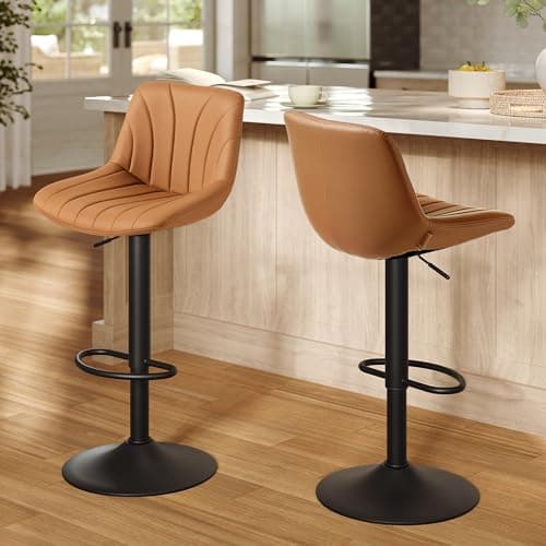 Image of VASAGLE Bar Stools Set of 2, Adjustable Bar Chairs with Backs, 360° Swivel, Metal Footrest, Barstools, for Kitchen Dining Reception, PU Leather, Caramel Brown LJB181KN02
