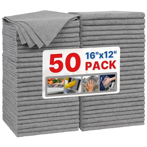Image of FIXSMITH Grey Microfibre Cleaning Cloth -Pack of 50, 16"X12" Cleaning Rags for Housekeeping and Kitchen, Reusable Shop Towels for Car, Lint Free, Scratch-Free, Highly Absorbent Microfibre Towels