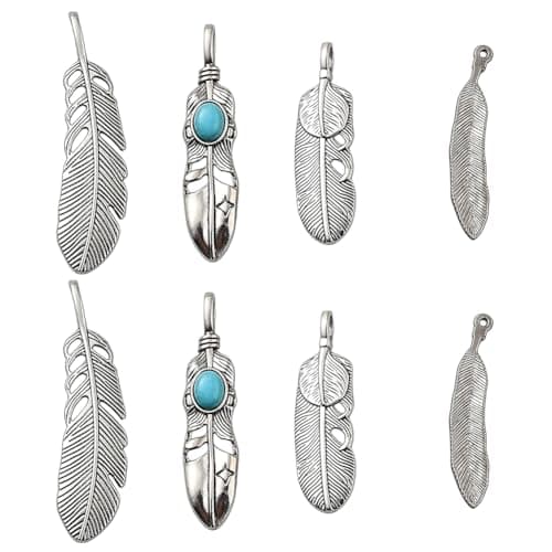 Image of GORGECRAFT 8PCS Silver Alloy Big Feather Pendant Stainless Steel Silver Feather Charms Pendant Necklace Feather Dangle Antique with Box Diy Key Chain Jewelry Making Findings
