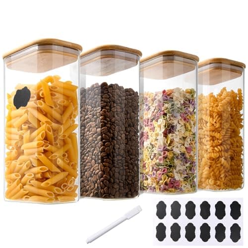 Image of YBCPACK 1600ml Glass Jars with Bamboo Lids, Square Cereal Storage Containers with Sealing Lid, Pen, Label, Glass Food Storage Containers for Pasta Flour, Rice, Sugar, Tea, Coffee Beans（Set of 4）