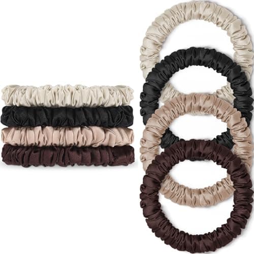 Image of Scrunchies Hair Ties Silk Satin Scrunchy, WantGor Women 4PC Pure Mulberry Silk Skinny Elastic Scrunchies Hair Bands Bracelets Ponytail Holders Hair Accessories (Black,Brown,Champagne,Apricot)