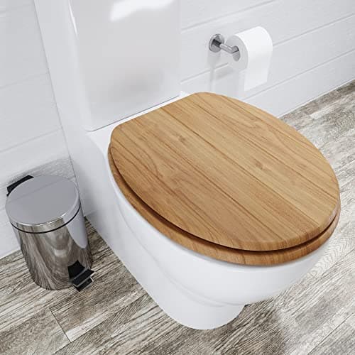 Image of Croydex Flexi-Fix Tramonti Oak Toilet Seat - Never Slip Adjustable Hinges, Hygiene 'n' Clean Anti-Microbial Treated, Moulded Wooden Toilet Seat with Oak Effect, No Tools Required, 46.3 x 37.5 cm