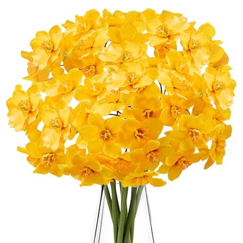 Image of Zythrem 12Pcs Artificial Daffodils Flowers Yellow Fake Daffodils Silk Narcissus Flower Bouquet Faux Daffodil Flowers Spring Flowers Artificial for Wedding Party Garden Home Decor Grave Flowers