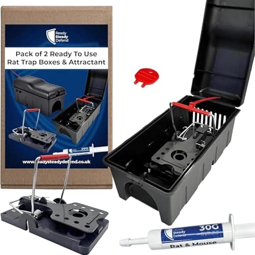 Image of Ready Steady Defend Rat Trap Box Kit, 2 Tamper-Resistant Rat Boxes with 2 Traps & 30g Non-Toxic Bait Attractant, Indoor & Outdoor Rodent Control, Made in UK