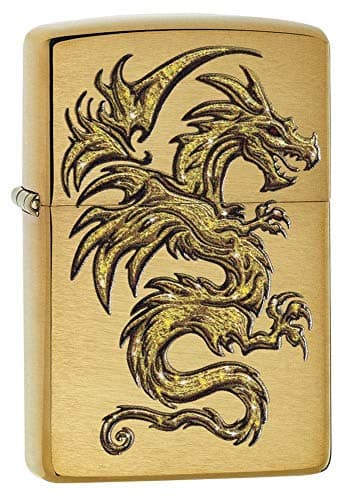 Image of Zippo Windproof Lighter - Shiny Dragon - Gold - Brushed Brass Finish - Color Image - Refillable - Reusable - Gift Box - Made in USA