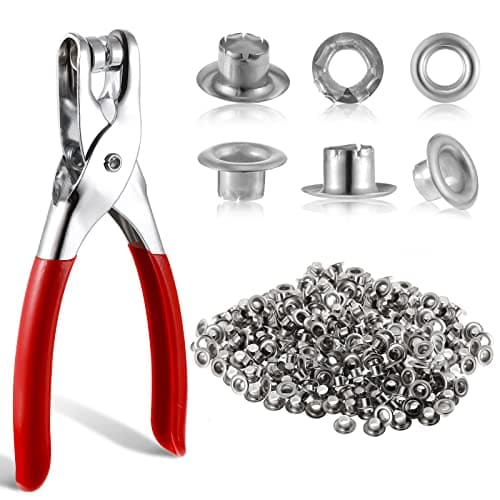 Image of Grommet Eyelet Pliers Set, 1/4 inch Grommet Tools Kit Metal Eyelets Tool with 300 Metal Eyelets, Eyelet Tool Kit for Belts/Leather/Shoes/Workbooks/Apparel (Silver)