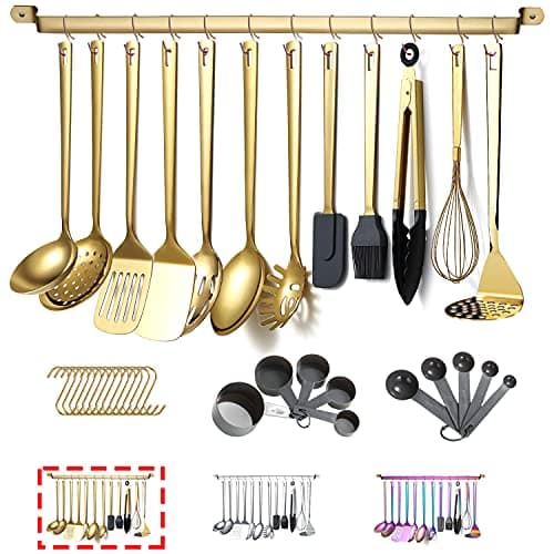 Image of Gold Cooking Utensils Set,Kyraton Stainless Steel 37 Pieces Kitchen Utensils Set with Titanium Gold Plating,Kitchen Gadgets Cookware,Kitchen Tool Set with Utensil Holder. Dishwasher Safe
