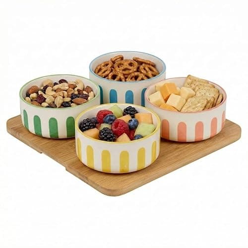 Image of URBNLIVING 5-Piece Porcelain Ceramic Dish Serving Set – 4 Colorful Striped Bowls with Bamboo Tray for Snacks, Tapas, Dips & Condiments (Square)