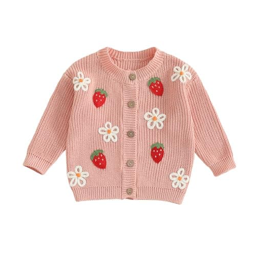Image of Fall Winter Toddler Baby Girl Cute Knit Sweater Long Sleeve Crew Neck Strawberry Flower Embroidery Button Cardigan Knitwear Warm Kids Clothes (Pink, 3-4 Years)