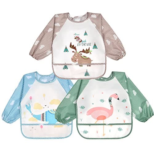 Image of Vicloon Baby Bibs with Sleeves, 3 Pcs Long Sleeve Waterproof Bibs, Unisex Feeding Bibs with Large Pocket, Bibs Apron Lovely Cute Cartoon Bibs for Infant Toddler 6 Months to 24 Months