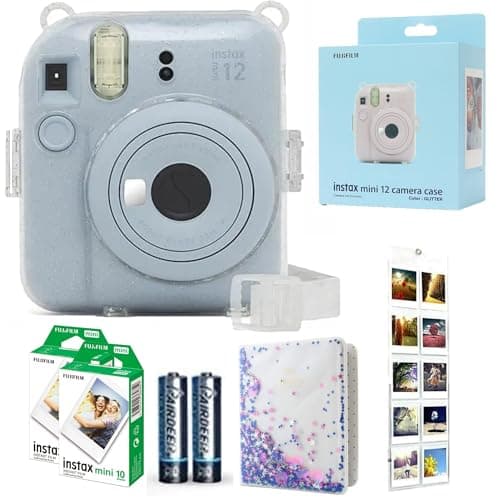Image of Fujifilm INSTAX Mini 12 Camera Pastel Blue id Bundle – Includes Mini 12 Blue Camera, 20-Shot INSTAX Mini Film, Clear Glitter Camera Case, Photo Album & Hanging Wall Photo Display