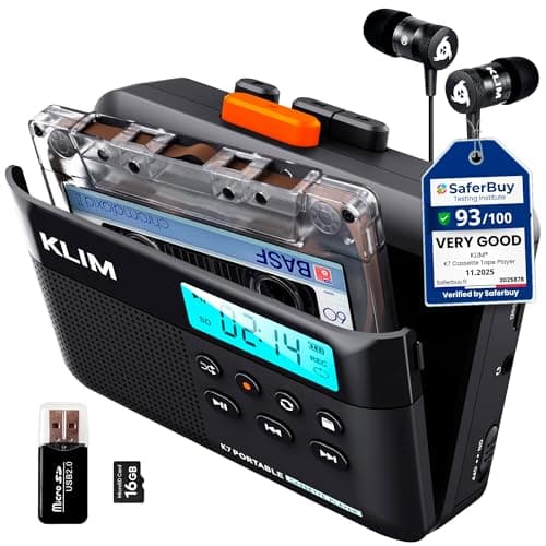 Image of KLIM K7 Cassette Tape Player - Cassette to MP3 Converter - Portable Cassette Player - Tape Recorder with Built-in Microphone & Speaker - Rechargeable Battery - Earphones - 16GB SD Card - Black-Orange