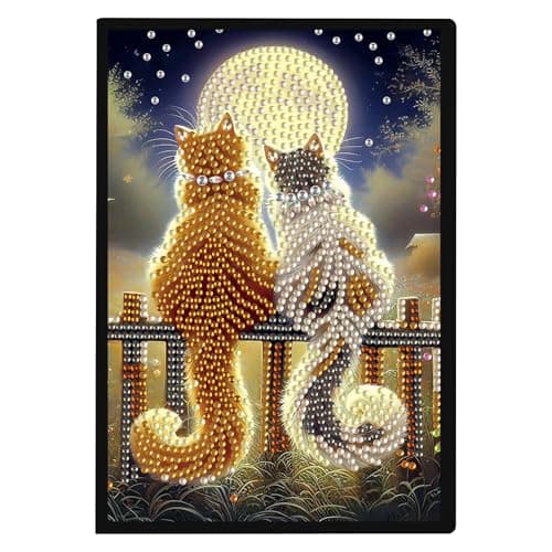 Image of JISHSHAY Diamond Art Notebook Journal Diamond Painting Note Book Gem Art Sketchbook Gem Painting Blank Notebook Mosaic Kits for Adults Diary with Special Shaped 14.5×21cm/5.7×8.26in Cat Moon