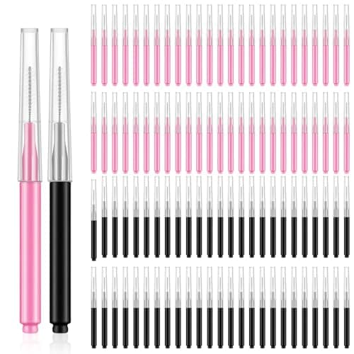 Image of 100 PCS Micro Eyebrow Brush, Brow Eyelash Lamination Brushes with Cap, Portable Eyebrow Spoolie Brush Multifunction Mini Brow Spoolies for Eyebrows Extension Tools (Black, Pink)