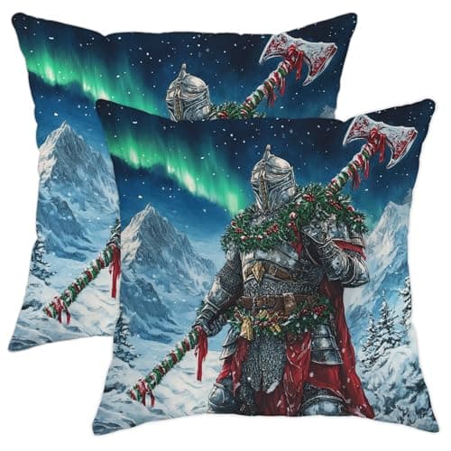 Image of Holiday Warrior Throw Pillow Covers, Silver Knight Christmas Cushion Case, Winter Seasonal Home Decor Soft Velvet Pillow Covers for Sofa Living Room Bedroom 18x18 Inch