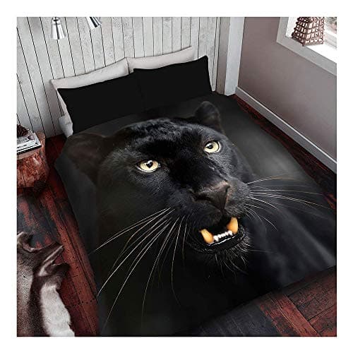 Image of Lions Animal Print Bedding Set, Luxury 3D Printed Microfibre Duvet Cover Sets with Pillowcase, 100% Polyester Reversible Quilt Covers, Black Panther, Double Bed Size, 200x200cm