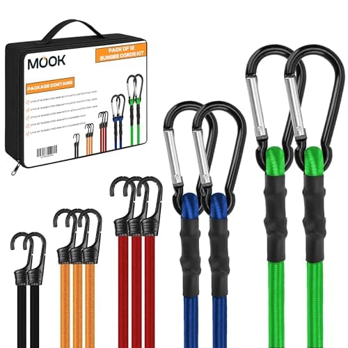 Image of MOOK Heavy Duty Bungee Cords with Hooks, 12-Pcs Bungee Cord Set - Multi-Length UV Resistant Double Braided Bungees for Traveling, Camping, & Storage – Versatile Use – Durable & Weather-Resistant