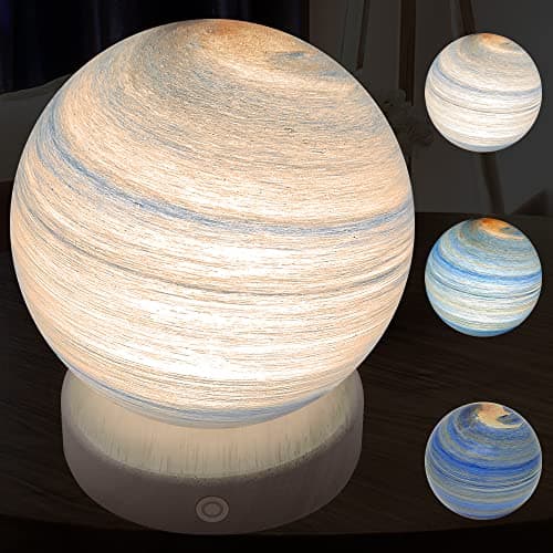 Image of ALEENFOON Handmade Blown Glass Ball 3D Planet Table Lamp, Dimmable Mood Night Light Astronomy Ornament, 3 Colors Touch Control USB Rechargeable Battery Powered Planet Light with Wooden Base, 12CM