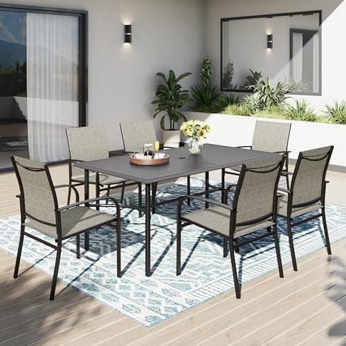 Image of PHI VILLA Garden Table and 6 Chairs Set, Garden Furniture Sets with 6 x Brown Textilene Dining Chairs and Black Dining Table Outdoor Patio Set for Bistro Balcony Backyard