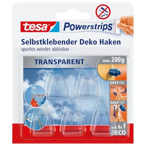Image of tesa UK Powerstrips Deco Clear Hooks with Removable Adhesive Strips, 5 Hooks, normal, 58900-00013-03