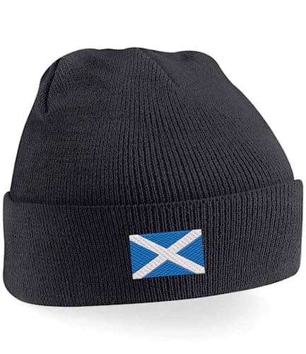 Image of Scotland Flag Embroidered Beanie Hat for Kids | Scottish Saltire Winter Cap Black
