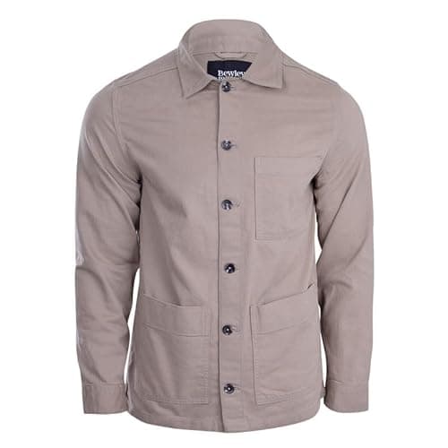 Image of Spindle Men's Bewley and Ritch Cotton Shirt Jacket Casual Shacket Overshirt Work Coat Button Front Bedford Cord Fabric Corduroy Material On Trend Plain Shirts Stone L
