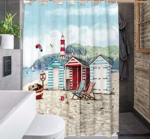 Image of SCVBLJS Beach Hut Shower Curtain Waterproof Bathroom Bathtub Polyester Fabric Bathroom Shower Curtain With Hooks 165X180cm