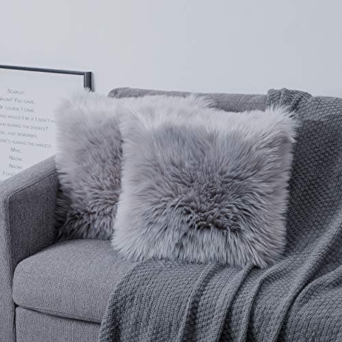 Image of OYIMUA Grey 16'' x 16'' Fluffy Soft Faux Fur Cushion Covers Pack of 2, Luxurious Home Decorative Super Soft Plush Pillow covers Case 40 x 40 cm for Sofa Bed Car