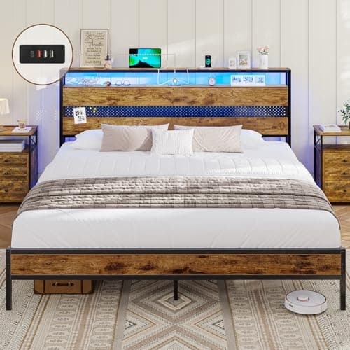 Image of AOGLLATI 5ft Metal Bed Frame with Wooden Headboard, King Size Bed Frame with LED Lights and Charging Station,Sturdy Metal Slats Support, UnderBed Storage,Easy Assemble,No Mattress (King-150x200cm)