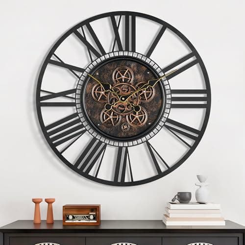 Image of Maxstar Large Moving Gear Wall Clock for Living Room Decor,Vintage Industrial Steampunk,Metal Wall Clock Decorative for Home Office,Dinning Room,Farmhouse(Black Metal,Roman Number,20 INCH)
