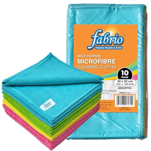 Image of FABRIO Microfibre Cleaning Cloths – Pack of 10, 32x32cm, Ultra-Soft, Lint-Free, Super Absorbent Towels for Kitchen, Car, Glass, and Multi-Surface Cleaning – Assorted Colours
