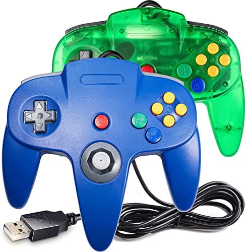 Image of 2 Pack Classic N64 Controller, miadore N64 Wired USB PC Game pad Joystick, N64 Bit USB Wired Game Stick Joy pad Controller for Windows PC MAC Linux Raspberry Pi 3 Sega Genesis (Clear Green/Blue)