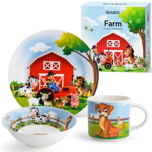 Image of MIAMIO – Set of 3 Kids Dinnerware Set/Children Dishes, Kids Dish Set, Children’s Tableware Set - Includes Plate, Bowl and Cup – for Kids and Toddler (Farm)