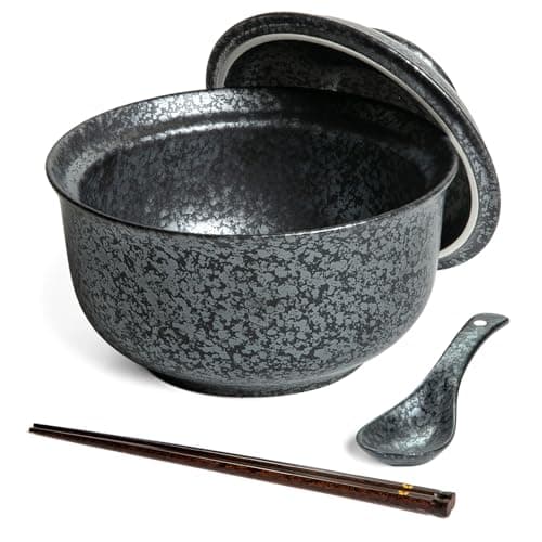 Image of HLWDXno1 Ceramic Ramen Bowl, Japanese Style Retro Ramen Bowls Set 800ml Noodle Bowl with Chopsticks and Spoons, Asian Soup Bowls with Lid for Microwave & Dishwasher Safe, Classic Black