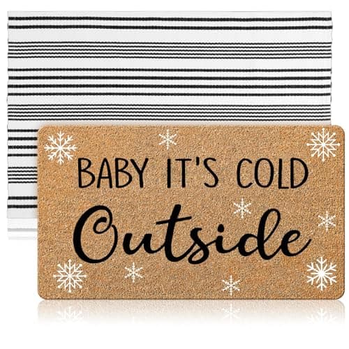 Image of Duraaamo 2 Pcs Christmas Baby It's Cold Outside Door Mat Christmas Nature Coir Welcome Outdoor Rug Black White Stripe Outdoor Xmas Front Porch Rugs Non Slip Floor Mats Xmas Indoor Entrance Decor