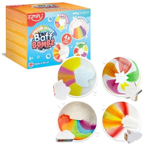 Image of ZIMPLI - 4 x Large Special Effect Baff Bombz Gift Set, Rainbow, Rocket, Star & Unicorn Bath Bombs, Xmas Gift for Kids, Bath Toy, Vegan Friendly & Cruelty Free