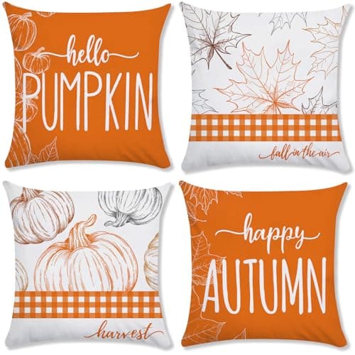 Image of AMLOOPH Halloween Pumpkin Cushion Covers Set of 4, 40x40cm Soft Plush Autumn Cushion Covers with Leaf & Pumpkin, Fall Orange Thanksgiving Harvest Decorative Throw Pillow Cover for Sofa Couch Bed
