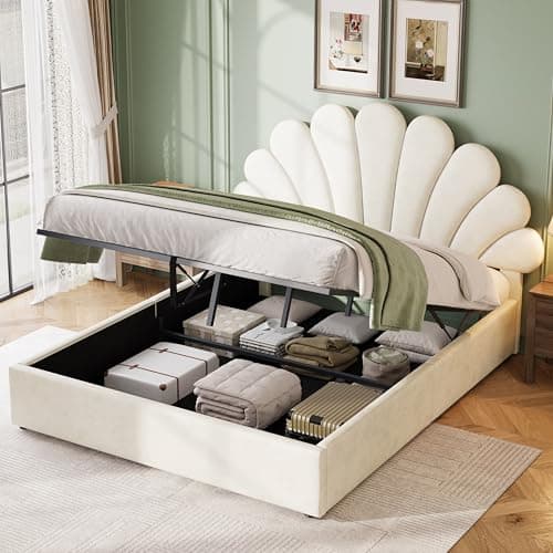 Image of Upholstered Ottoman Bed with Hydraulic Storage, 4ft6 Double Bed Frame with Adjustable Chic Petal Headboard, Velvet Fabric Functional Gas Lift Up Storage Bed with Solid Wood Slats, No Mattress, Beige
