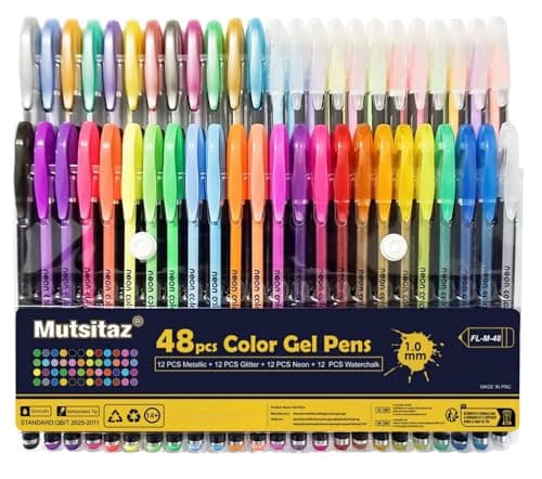 Image of Mutsitaz 48 Packs Color Gel Ink Pens Set for Adult Colouring Books,Drawing,and Writing Manga Markers with 1.0mm Tip (12 Metallic,12 Glitter,12 Neon,12 Water Chalk)