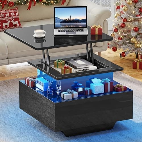 Image of YITAHOME Coffee Table with Lift Top,60x60x45cm, High Glossy Lift up Coffee Table with LED Light String and 2 Drawers, Modern Wooden Square Tea Table for Living Room