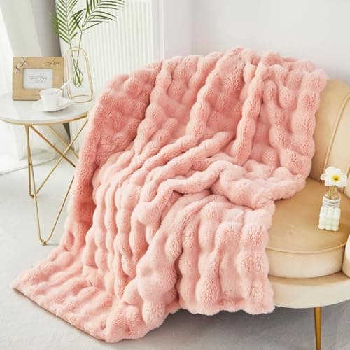 Image of STYHO Pink Plush Blanket Throw Soft Thick Faux Fur Bubble Bed Blanket for Sofa Warm Cozy Large Size Fuzzy Rabbit Furry Throws for Bedroom(Pink, 160 * 200cm)
