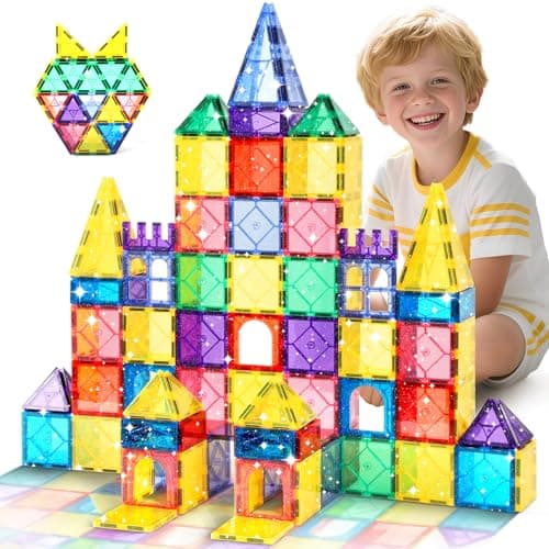 Image of Magnetic Tiles Building Blocks, 100 Pieces Glitter Magnetic Tile STEM Educational Kids Toys for Ages 3 4 5 6 7 8 Year Old Prechool Learning Magnet Blocks Set Construction Toy Gift for Boys and Girls