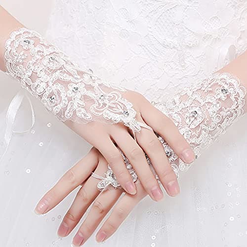 Image of Carufin Bridal Wedding Lace Gloves Short Fingerless Crystal Flower Gloves for Women and Girls (White)