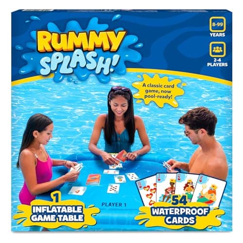 Image of Gouda Games Inflatable Pool Toy, Floating Game Table (28" x 28") – Rummy Splash Swimming Pool Game for Kids & Adults, Waterproof Cards, Family Pool Party Fun, Ages 8, 9, 10, 11 and Up, 2-4 Players