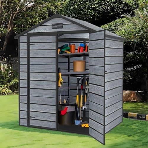 Image of BIRCHTREE 6X4.4FT Plastic Garden Shed with Floor Apex Roof Wood Grain Effect Fade Free All Weather Resistant Lockable Door Outdoor Storage Box Air Vent&Window Garden Tool Shed Low Maintenance Grey
