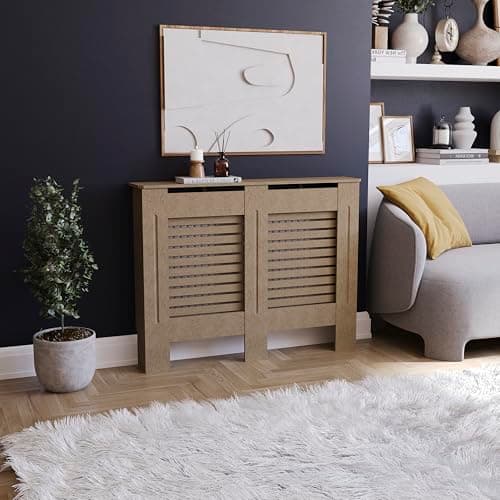 Image of Vida Designs Milton Radiator Cover Unfinished - Medium - Modern Horizontal Slat Design For Optimal Heat Circulation - H82xW111xD19cm - Unpainted MDF Cabinet Ideal For Living Room & Hallway