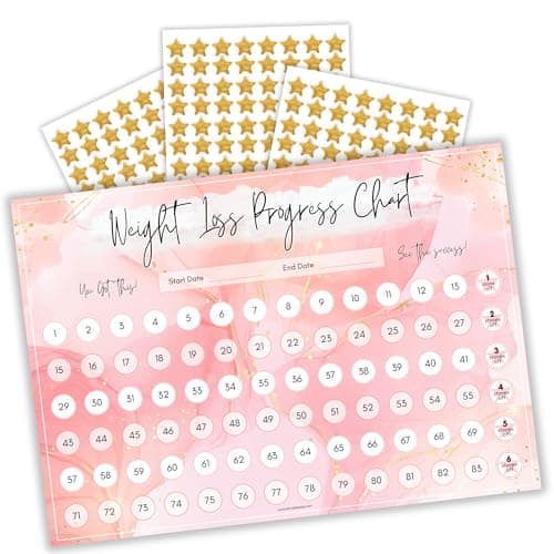 Image of Weight Loss Progress Chart Poster with 88 Gold Star Stickers – A4 Size | Pastel Pink Watercolour Design | Thick 450gsm Card | Track Every Pound Lost | Wall Chart for Slimming Motivation (Pink)