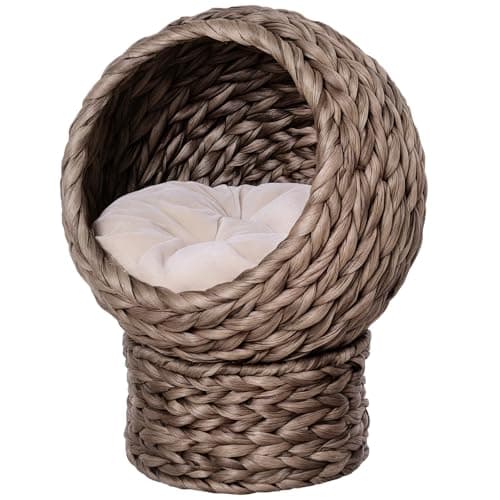 Image of PawHut Wicker Cat House, Raised Cat Bed with Cylindrical Base, Soft Washable Cushion, Woven Water Hyacinth Cat Basket for Indoor and Outdoor, 42 x 33 x 52 cm - Dark Brown