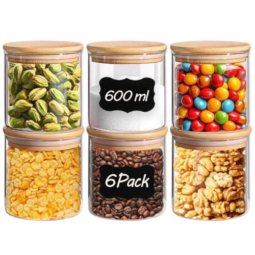 Image of ComSaf Airtight Glass Food Storage Jars Set of 6, 600ml Clear Glass Food Storage Container with Sealing Wooden Lid, Stackable Spice Jar, Round Kitchen Canister for Sugar, Tea, Coffee bean, Pasta
